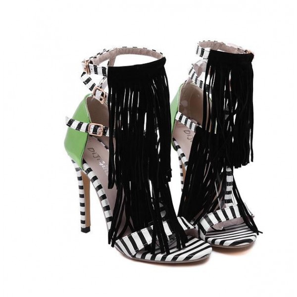 Black White Green Fringes Bohemia High Stiletto Heels Sandals Shoes Pump