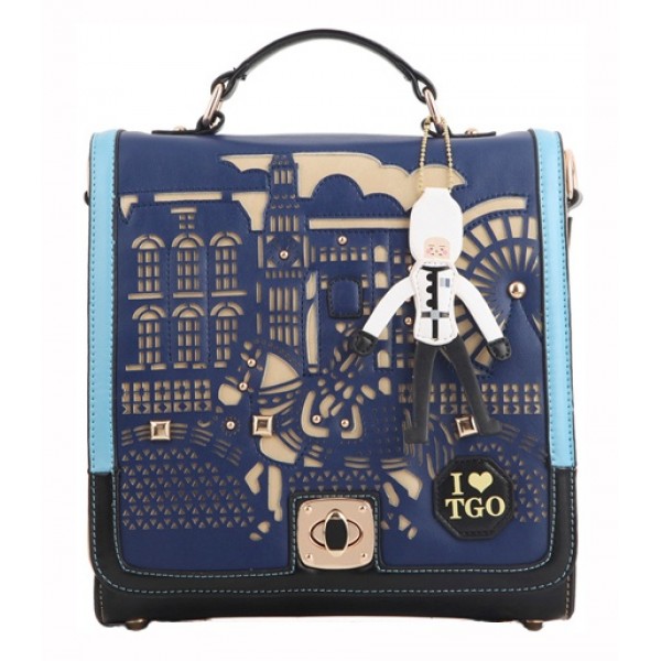 Blue Laser Cut Hollow Out Pony Soldier Fairy Tale Pattern Vintage School Backpack