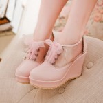 Pink Khaki Transparent Lolita Lace Up Wedges Platforms Oxfords Shoes
