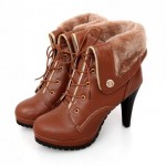 Brown Platforms Lace Up Woolen Flap Over High Heels Combat Boots Shoes