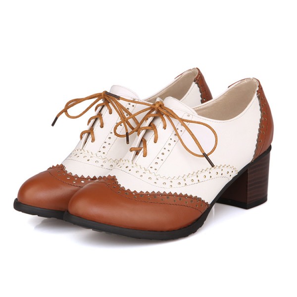 Brown White Lace Up Vintage High Heels Oxfords Dress Shoes