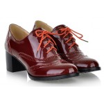 Burgundy Red Patent Glossy Lace Up Vintage High Heels Oxfords Dress Shoes