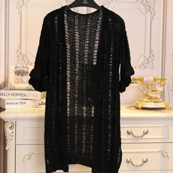 Black Crochet Lace Mid Flounce Sleeves Long Cardigan Outer Jacket