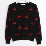 Black Red Embroidery Cherry Long Sleeves Cardigan Outer Jacket