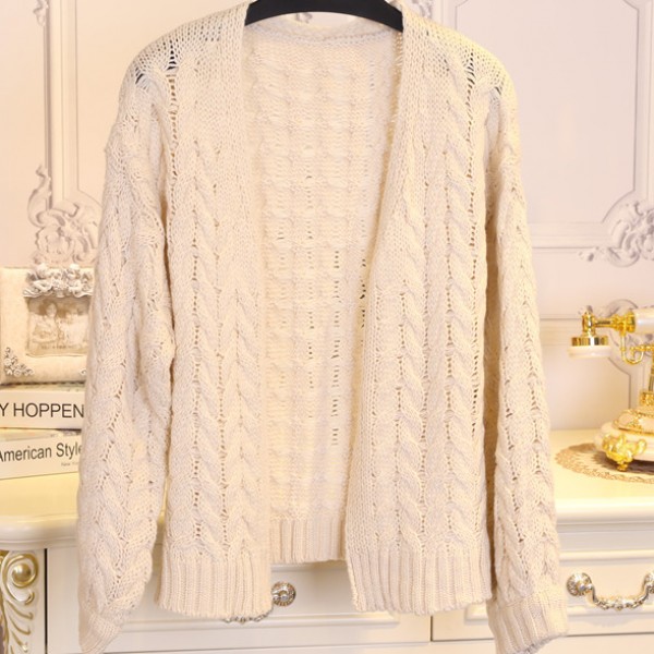 Cream Twisted Chunky Knitted Long Sleeves Cardigan Jacket