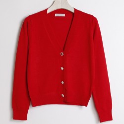 Red Cropped Mid Long Sleeves Jewellery Fancy Buttons Cardigan Outer Jacket