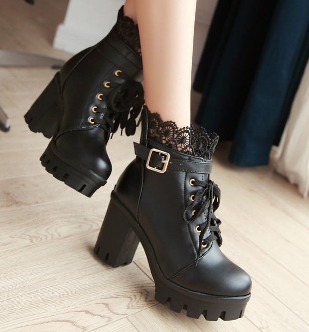 Black Crochet Ankle Lace Up Platforms High Heels Boots Bootie