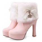 Pink White Ankle Fur Gold Star Platforms High Heels Boots