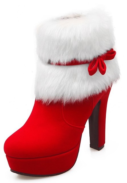 Red White Suede Ankle Fur Bow Platforms High Heels Boots