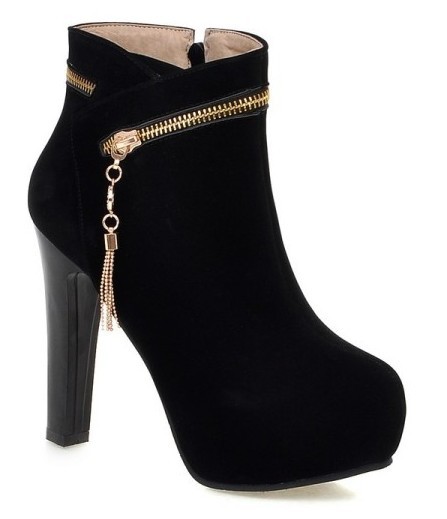 Black Suede Gold Zipper Ankle Platforms High Heels Boots