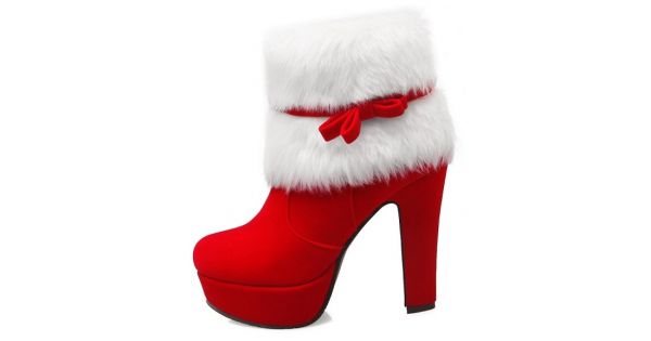 Red White Suede Ankle Fur Bow Platforms 