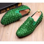 Green Glitter Bling Bling Spikes Punk Rock Mens Loafers Flats Shoes