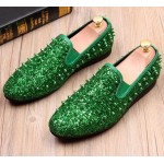Green Glitter Bling Bling Spikes Punk Rock Mens Loafers Flats Shoes