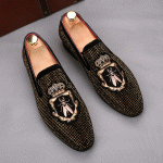 Black Gold Diamante Embroidered Bee Loafers Dress Flats Shoes