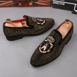 Black Gold Diamante Embroidered Bee Loafers Dress Flats Shoes