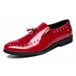 Red Patent Gold Studs Tassels Dapper Man Oxfords Loafers Dress Shoes