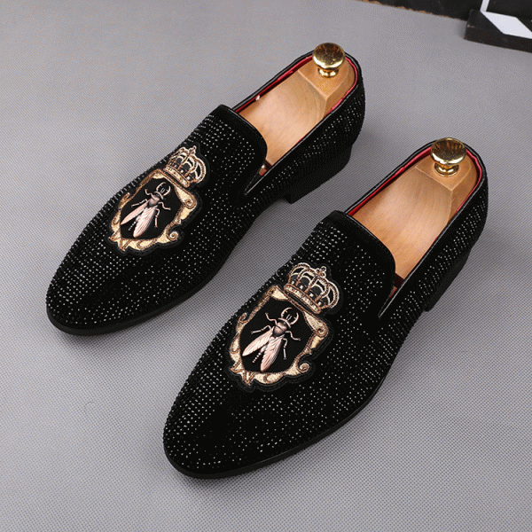 Black Crystals Diamante Embroidered Bee Loafers Dress Flats Shoes