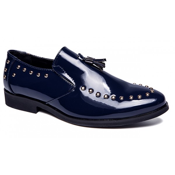 Blue Patent Gold Studs Tassels Dapper Man Oxfords Loafers Dress Shoes