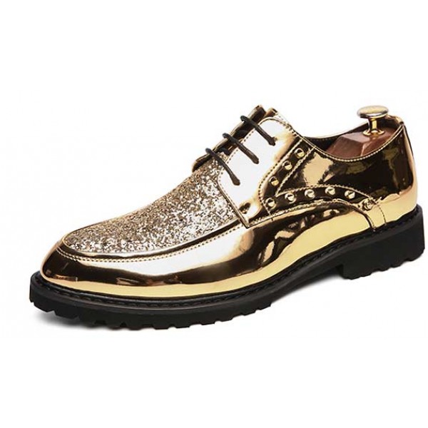 Gold Glossy Metallic Studs Glitters Spikes Lace Up Oxfords Dress Shoes