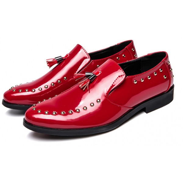 Red Patent Gold Studs Tassels Dapper Man Oxfords Loafers Dress Shoes