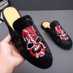 Black Embroidered Mask Mens Formal Slip On Flats Sandals Loafers