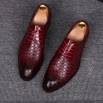 Burgundy Knitted Leather Pointed Head Lace Up Oxfords Dress Shoes