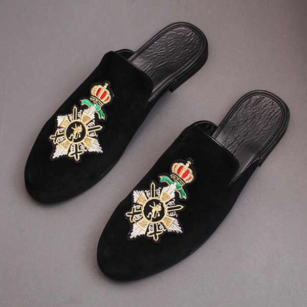 Black Embroidered Crown Mens Formal Slip On Flats Sandals Loafers