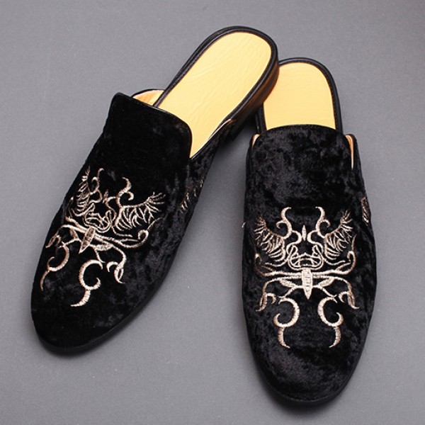 Black Embroidered Totem Mens Formal Slip On Flats Sandals Loafers