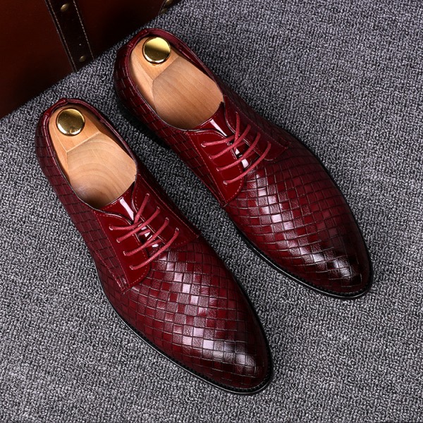 Burgundy Knitted Leather Pointed Head Lace Up Oxfords Dress Shoes