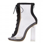 Transparent Black Lace Up PU Peep Toe Glass High Heels Boots Shoes