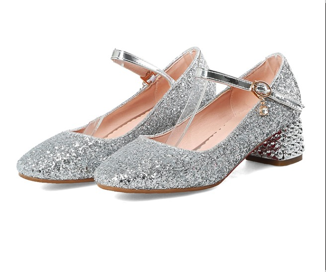 Silver Glittering Bling Bling Ballets Mary Jane Bridal Block High Heels ...