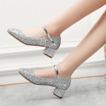 Silver Glittering Bling Bling Ballets Mary Jane Bridal Block High Heels Shoes