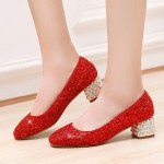 Red Glittering Bling Bling Ballets Mary Jane Bridal Block High Heels Shoes