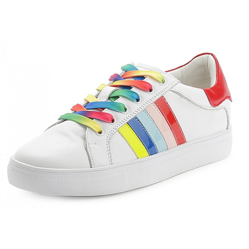 White Rainbow Lace Up Red Lips Sneakers 