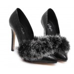 Black Faux Fur Mink Point Head High Stiletto Heels Shoes