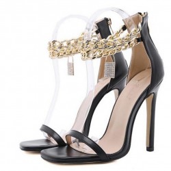 Black Gold Ankle Chain Padlock Evening Gown High Heels Sandals Shoes 
