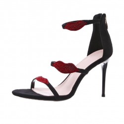Black Red Lips Diamantes Stiletto High Heels Sandals Shoes 