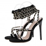 Black Gold Chain Strappy Crisscross Evening Gown High Heels Sandals Shoes 