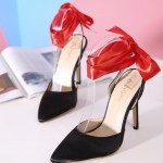 Black Red Ribbon Ankle Strap Pointed Head High Heels Sandals Shoes 