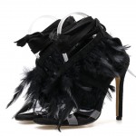 Black Flurry Feather Strappy Sexy Stiletto High Heels Sandals Shoes 
