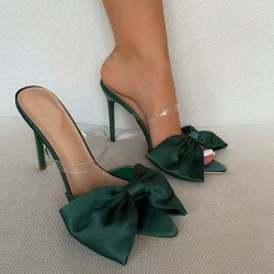 Green Satin Bow Evening Gown High Heels Sandals Shoes 
