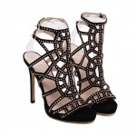 Black Suede Gladiator Peep Toe High Heels  Stiletto Rhinestone Pumps Shoes