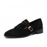 Black Red Suede Fringes Monk Strap Loafers Dress Dapper Man Shoes Flats