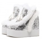 Silver Glitter Fur Tassels Wedges Platforms Shoes