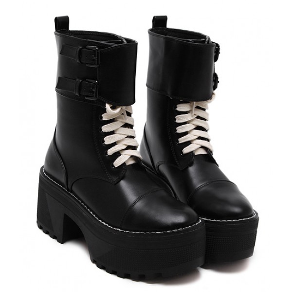 Black Lace Up High Top Platforms Punk Rock Chunky Heels Boots Shoes