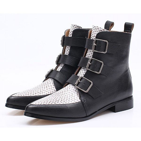 Black White Pointed Head Grey Snake Skin Ankle Chelsea Boots Shoes