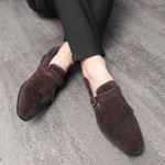 Brown Suede Fringes Monk Strap Loafers Dress Dapper Man Shoes Flats