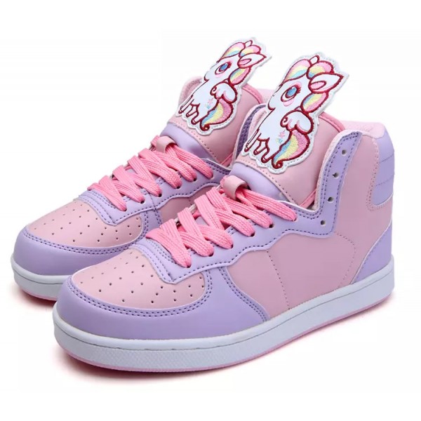 Pink Purple Unicorn Pastel Color Candies High Top Lace Up Sneakers Boots Shoes