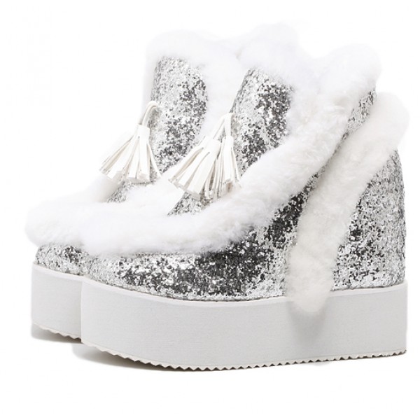 Silver Glitter Fur Tassels Wedges Platforms Shoes