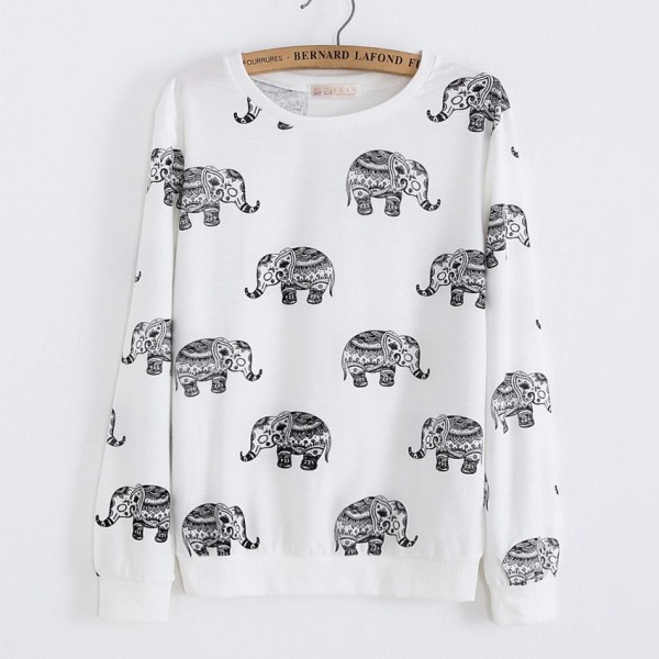 White Black Oriental Elephants Cartoon Long Sleeve Sweatshirts Tops